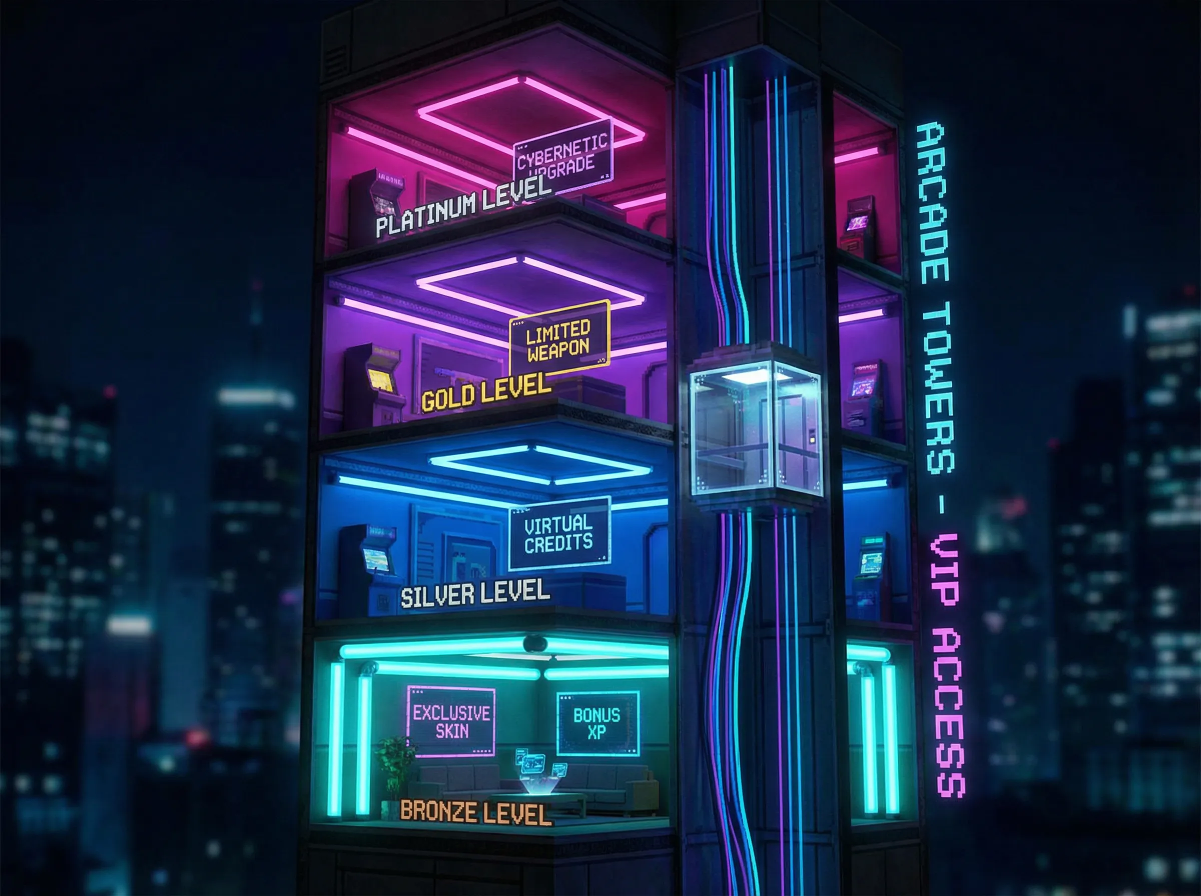 老虎机游戏 复古街机摩天楼VIP层级剖面图